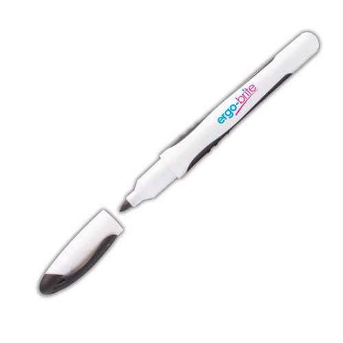 This Ergo-Brite Drywipe Marker is perfect for brainstorming, planning and general organisation. The smooth ink is suitable for use on drywipe boards, glass and most non-porous surfaces, and can be removed easily by wiping with a dry cloth. The marker has a bullet tip and a rubber grip for comfort. This pack contains 10 markers with black ink.