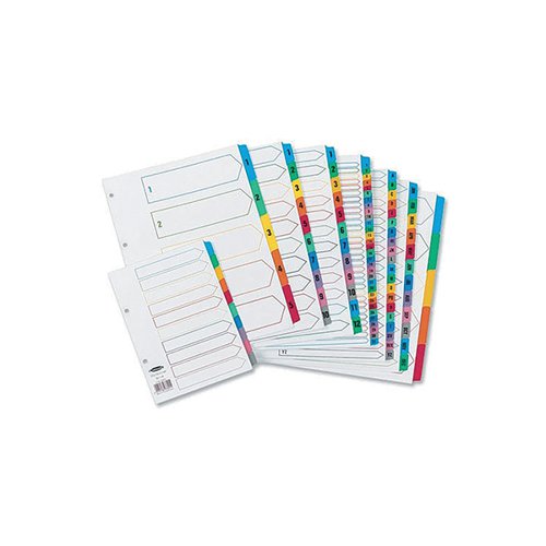 This Concord 50 Part 1-50 Multicolour Index provides numbered organisation to A4 lever arch files and ring binders. They offer a bright, colour-coded way to organise your documents with numbered tabs and a easy to use index cover. Each divider is made from strong board with Mylar reinforced tabs and holes to protect against rips and tears. The tabs are numbered for quick access to the relevant section when looking up files. They are punched with 4 holes to fit most lever arch files and ring binders.