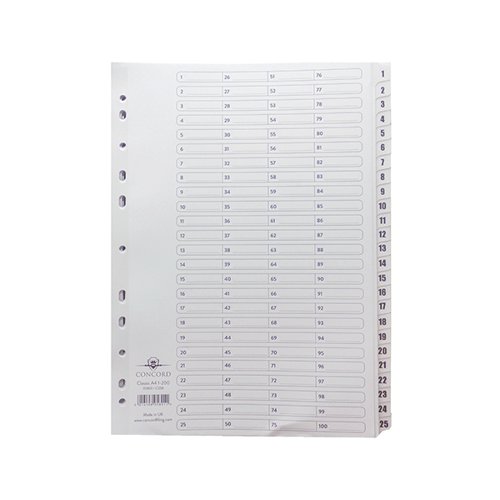 Concord Classic Index 1-200 A4 White Board Clear Mylar Tabs 05801/CS58