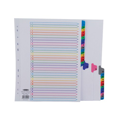 JT10001 | This Concord 31 Part 1-31 Multicolour Index provides numbered organisation to A4 lever arch files and ring binders. They offer a bright, colour-coded way to organise your documents with numbered tabs and a easy to use index cover. Each divider is made from strong board with Mylar reinforced tabs and holes to protect against rips and tears. The tabs are numbered for quick access to the relevant section when looking up files. They are punched with 4 holes to fit most lever arch files and ring binders and this index is extra wide, so you can still see the tabs behind punched pockets.