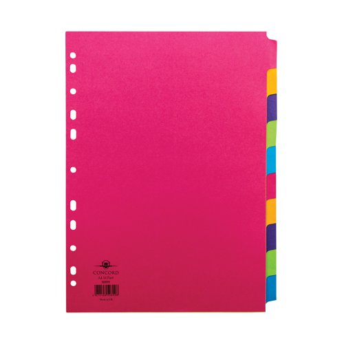 These Concord 10-Part subject dividers are ideal for arranging and indexing your presentations, projects, filing and notes with staggered tabs to separate documents into sections that are easily written or typed on for quick identification. These dividers are made from heavyweight manilla making them the hard wearing and are punched to fit almost any lever arch folder or ring binder.