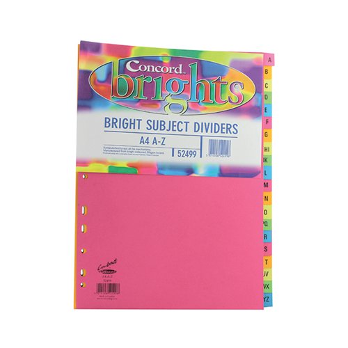 These Concord A-Z subject dividers are ideal for arranging and indexing your presentations, projects, filing and notes with staggered tabs to separate documents into sections that are easily written or typed on for quick identification. These dividers are made of heavyweight 230 micron board making them the hard wearing and functional.