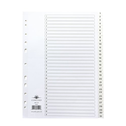 JT64501 | With pre-printed tabs numbered 1-31, Concord 31-Part 1-31 White Polypropylene Indexes are the practical and hard wearing choice for your ring binders and lever arch files. Made of high quality polypropylene, these indexes are tear resistant and can be wiped clean for long-lasting use. Euro punched with 11 holes and including a reinforced contents page with numbered entries, these indexes fit to a variety of A4 filing mechanisms and are ideal for organising your documents by date in monthly files.