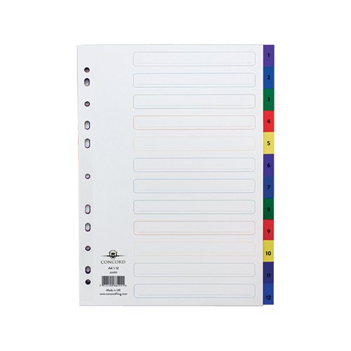 JT66499 | This durable Concord polypropylene index is hard wearing, tear resistant and wipes clean easily. The white index features multicoloured tabs labelled 1-12, which is ideal for implementing an organised filing system. The A4 index is multipunched to fit standard ring binders and lever arch files for quick and easy reference. This pack contains one index.