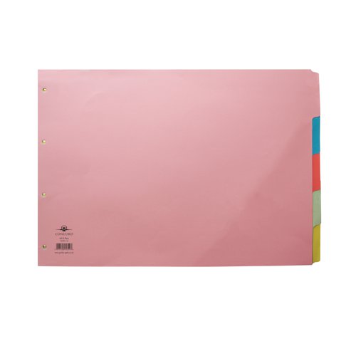 Keep portfolios and large format binders better organised with this Concord A3 Oblong 5-part subject divider. Multicoloured tabs separate documents into sections and are easily written or typed on for identification at a glance. These dividers are made of heavyweight 230 micron board and are ideal for graphic designers, artists and students. Standard Euro punching fits almost any ring binder or lever arch file.