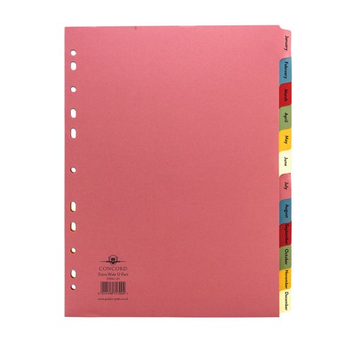 JT71999 | Ideal for students and busy professionals, this pack of 10 Concord A4 12-part January-December manilla Indexes helps to organise and catalogue your documents into a functional order. Using pre-printed indexes on multicoloured tabs, these dividers offer a professional looking way to organise your notes, paperwork, projects and records by month. Euro punched to fit into standard lever arch files and ring binders, these dividers work to enhance your current filing system by offering a monthly structure to your organisation throughout the year.