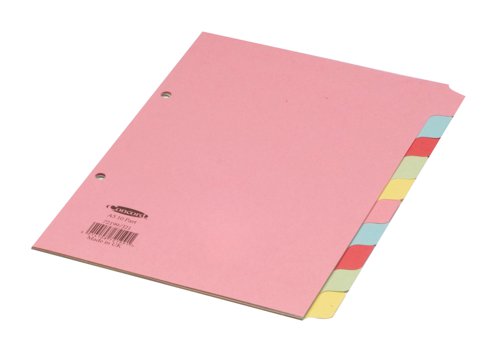 JT72199 | This Concord A5 10-part subject divider makes arranging and indexing your filing and presentations easier than ever. Multicoloured tabs separate documents into sections and are easily written or typed on for identification at a glance. These dividers are made of strong 160 micron board, making them the hard wearing and functional choice for students or businesses. Standard Euro punching fits almost any A5 ring binder or lever arch file.