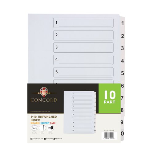 JT75201 Concord Unpunched Index 1-10 A4 160gsm White (Pack of 10) 75201
