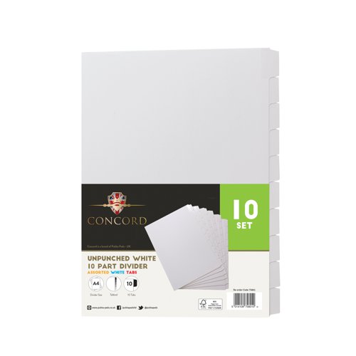 Using this pack of 10 Concord unpunched 10-part presentation dividers, arranging and indexing your presentations, projects, filing, and notes has never been easier. The pre-printed indexing system helps to record your data efficiently and is easily written on to ensure identification at a glance. These hard wearing dividers have been designed for use with slide wire and comb binders to create professional looking presentations.