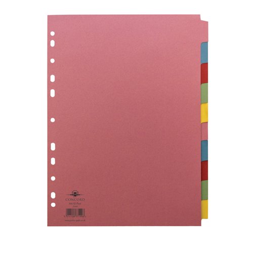 JT77199 | Good organisation is key to efficient and hassle free daily filing. Using these 10-Part Concord Reinforced Subject Dividers, arranging and indexing your presentations, projects, filing and notes has never been easier. Staggered tabs separate documents into sections ideal for numbered arrangement. These dividers feature extra reinforcement with Mylar coated holes that resist tears and rips. With a pastel coloured finish they are punched to fit almost any ring binder or lever arch file.