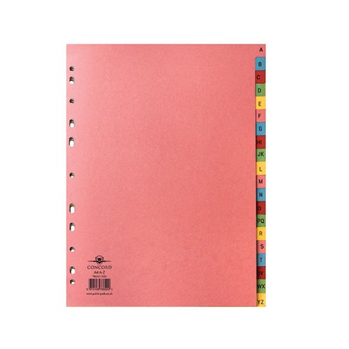 Ideal for students and busy professionals, this Concord A4 20-part A-Z manilla index helps to organise and catalogue your documents into alphabetical order. Using pre-printed indexes on pastel, multicoloured manilla, these dividers offer a professional looking way to organise your notes, paperwork, projects and records with the A-Z tabs. It comes Euro punched to fit into standard A4 lever arch files and ring binders.