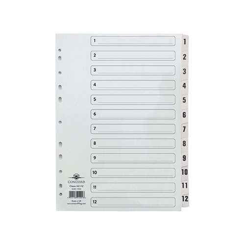 Concord Classic Index 1-12 A4 White Board Clear Mylar Tabs 01201/CS12
