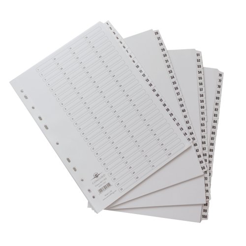 This Concord 1-100 Classic Index Divider is ideal for use in lever arch files and ring binders. Sized to A4 and hole punched, they offer you an easy way to archive and index your files and documents. With a pre-printed numerical indexing system and tabs numbered 1-100, it is easy to organise files for fast retrieval. Transparent Mylar reinforced tabs and punched holes help ensure long-lasting, tear-resistant durability.