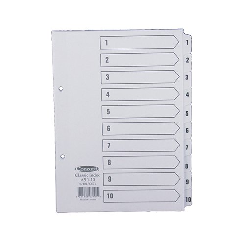 Concord Reinforced Index 1-10 A5 White Board Mylar Tabs 07101/CS71