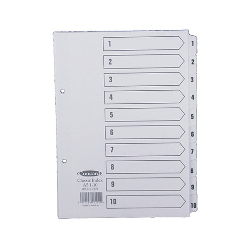 JTCS71 | This Concord 1-10 Classic Index Divider is ideal for use in lever arch files and ring binders. Sized to A5 and hole punched, they offer you an easy way to archive and index your files and documents. With a pre-printed numerical indexing system and tabs numbered 1-10, it is easy to organise files for fast retrieval. Transparent Mylar reinforced tabs and punched holes help ensure long-lasting, tear-resistant durability.