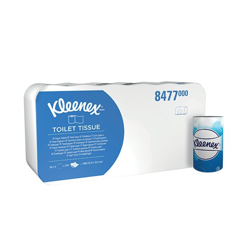 KC04226 | These small, white Kleenex toilet rolls offer great value for money and are soft, strong and absorbent. A hollow central tube allows them to be placed on a dispenser for quick and easy access. These toilet rolls are made from materials from forests that are managed to meet the social, economic and ecological needs of present and future generations. This pack contains 36 white rolls (18 packs of 2 rolls). Each roll contains 210 sheets.