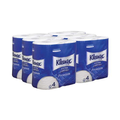 This Kleenex Quilted Toilet Roll provides a luxurious cushioning that is ultra soft on skin. This plush, 4-ply toilet tissue is highly absorbent and designed for maximum comfort with 160 sheets per roll. The tissue is designed to easily dissolve and breakdown in water to prevent blockages. Suitable for hotels, leisure facilities, or for that luxury feeling at home, this pack contains 24 rolls.