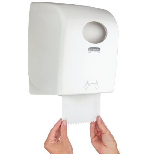 Ideal for use in shared washrooms and high traffic areas, this Aquarius Rolled Hand Towel Dispenser features a hygienic, smooth design with no dirt traps for easy cleaning. For use with Scott and Kleenex hand towel rolls (6620, 6691, 6692 and 6780), this white, large roll dispenser measures W374 x D248 x H297mm and has a large capacity for less frequent refilling. It is compatible with a range of hand towels, with a continuous rolled towel supply.
