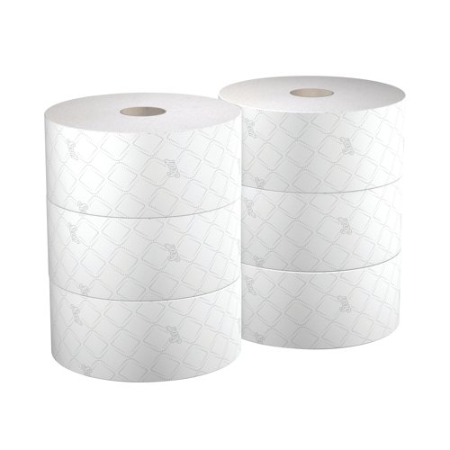 This Scott Control Toilet Tissue is 2-ply, which is gentle on skin, and is made from 100% recycled fibres that easily breaks down in water to prevent blockages. The 314m roll length and can deliver more than 1200 sheets per roll when used with the controlled single sheet dispensing system. Designed for use in high traffic washrooms, the high capacity centrefeed helps to reduce the need for refilling, making each roll last longer. This pack includes 6 rolls.
