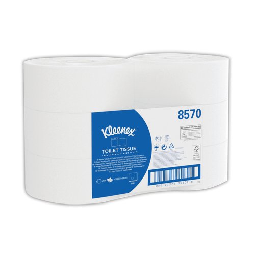KC05202 | Ideal for high traffic areas, this Kleenex Jumbo Toilet Tissue is an everyday 2-ply tissue offering comfort and strength. It is designed to completely break down and dissolve in water to prevent blockages and is Ecolabel certified.