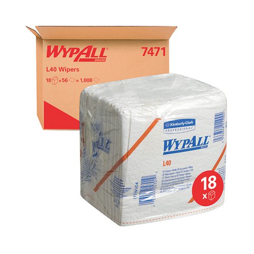 WypAll L40 Folded Wipers 1-Ply 18 packs of 56 Sheets White (Pack of 1008) 7471