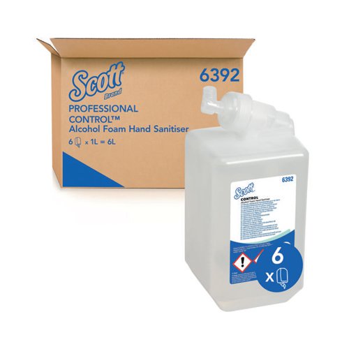 Scott Alcohol Foam Hand Sanitiser 1L 6392 kills up to 99.99 percent of a range of microorganisms. Fragrance free foam sanitiser contains aloe vera and skin humectant. Effective bactericidal (EN1500, EN12791, EN1276, EN13727), virucidal (EN14476), yeasticidal (EN1650, EN13624). Dermatologically tested with a dye and fragrance free formula, does not contain thickening ingredients, so no residual build up on the skin. Compatible with Aquarius hand cleanser dispensers. Designed for quick and easy installation with a simple push and click. This pack contains 6 bottles, each containing 1 litre of hand sanitiser.