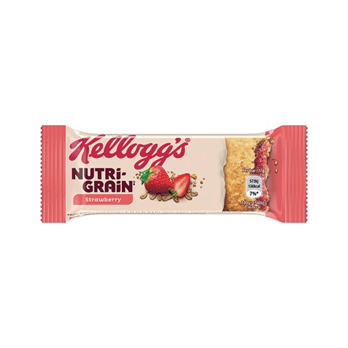 Kellogg's Nutri-grain strawberry snack bar are baked cereal bars with strawberry filling. Fortified with vitamins and minerals. Contain B vitamins and iron. A source of fibre, made with wheat and oats. No artificial colours or flavours. Supplied in a retail display box. Ideal for a variety of retail or catering settings. 37g bars. Pack of 25.