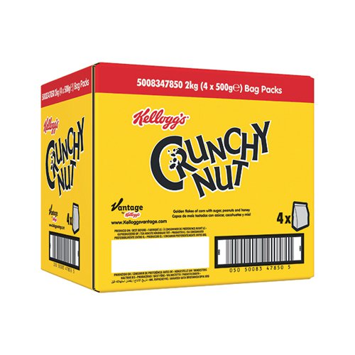 KEL47850 | Seize a moment of pure enjoyment in your busy day with Kellogg's Crunchy Nut breakfast cereal. Irresistibly crunchy flakes of golden corn drizzled in yummy honey and chopped peanuts. Enriched with 8 vitamins and minerals, including B vitamins, iron and 50% vitamin D daily needs. No artificial colours or flavours. Mouth-wateringly moreish, sweet and nutty crunch, a treat at any time of the day. Each bag contains 500g. Designed for loose display for self-serve. Pack of 4.