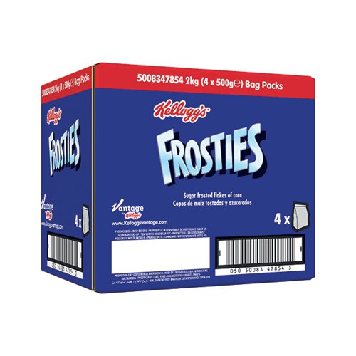 Kellogg's Frosties are made from the classic Kellogg's Corn Flakes but with a delicious frosted coating, Frosties truly a tasty start to the day. A source of vitamin D, B vitamins and iron. No artificial colours or flavours. Each bag contains 500g. Designed for loose display for self-serve. Pack of 4.