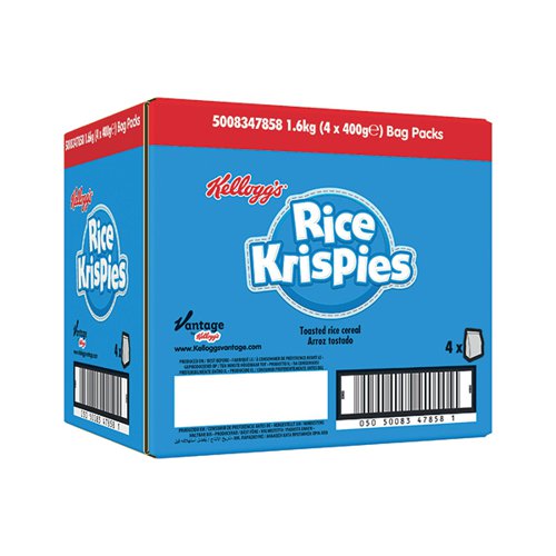 KEL47858 | Make breakfast Snap, Crackle and Pop with Kellogg's Rice Krispies cereal, a toasted rice cereal. A classic taste to the breakfast table you and your family know and love. Rice Krispies brings a bowl full of fun to your breakfast, a source of vitamin D, helping you to maintain healthy bones. No artificial colours or flavours. Each bag contains 500g. Designed for loose display for self-serve. Pack of 4.