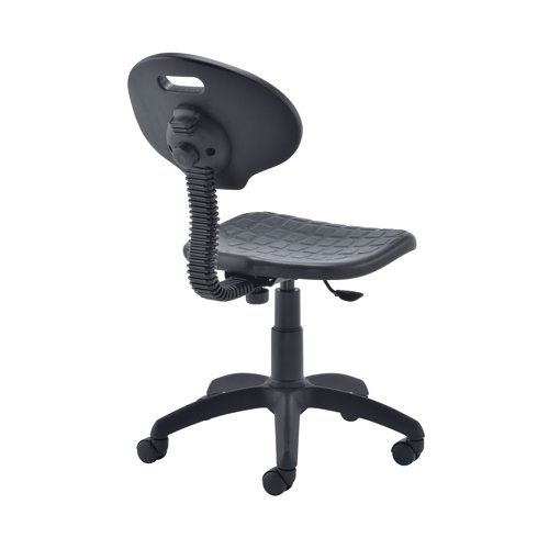 KF00197 | This Jemini factory chair features a durable, ergonomically shaped seat that wipes clean with ease. Ideal for factory, warehouse, laboratory or workshop use, the chair is made from polyurethane material that is both tough and soft, for comfort that can withstand the rigours of heavy duty use. The seat features gas height adjustment from 500mm to 630mm and five swivel castors to allow easy movement.