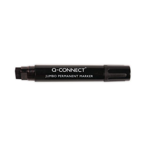 This Q-Connect Jumbo Permanent Marker is ideal for creating bold presentations, displays and projects. The large chisel tip provides a line width of 7.0-13.0mm for a wide variety of writing and drawing applications. The permanent black ink is designed not to fade, for vibrant, clear and long lasting writing. This pack contains 10 black markers.