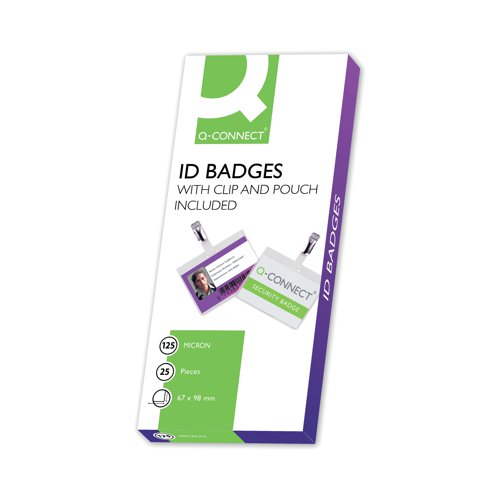 Protect the security of your site with these Q-Connect hot laminating badges, which fully encapsulate contents for long lasting use. These 125 micron badges can be heat sealed with a laminator and come with clips attached, ready to use. Each badge measures 67 x 98mm. This pack contains 25 badges.