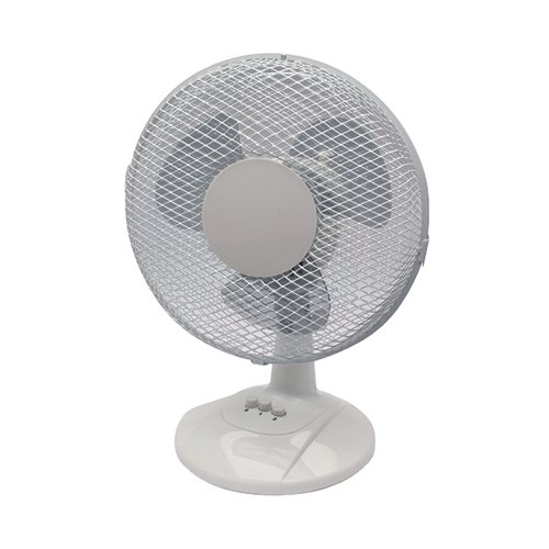 KF00402 | This 9 inch mains powered fan features a sturdy desk stand that keeps it stable during use. You can manually tilt the fan to suit your needs, and the automatic oscillating function rotates the fan head back and forth to provide cooling to an entire room. The adjustable controls let you select between two fan speeds to suit your preferences.