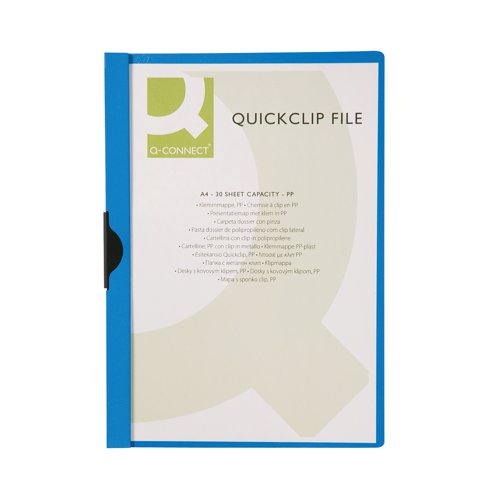 This Q-Connect Quickclip File makes an ideal presentation folder for storing and displaying unpunched papers. Simple pull out the clip, insert up to 30 sheets of 80gsm A4 paper and push the clip back into place. The folders have a transparent front cover, allowing you to display your title page, and a dark blue coloured back cover for creating a colour coordinated filing sytem. This pack contains 25 dark blue files.