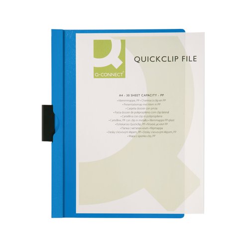KF00462 | This Q-Connect Quickclip File makes an ideal presentation folder for storing and displaying unpunched papers. Simple pull out the clip, insert up to 30 sheets of 80gsm A4 paper and push the clip back into place. The folders have a transparent front cover, allowing you to display your title page, and a dark blue coloured back cover for creating a colour coordinated filing sytem. This pack contains 25 dark blue files.
