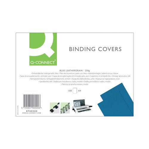 KF00500 | Create professional and organised presentations and information booklets using comb binding. These top calibre leathergrain binding covers add the finishing touch to your bound documents. Use as a pair to product bound reports with a front and back cover or simply attach one to the front, leaving your documents protected against accidental spills, dust and making them ideal for filing away securely. Q-Connect offer high quality office supplies designed to give your business an effective solution to all your stationery needs.