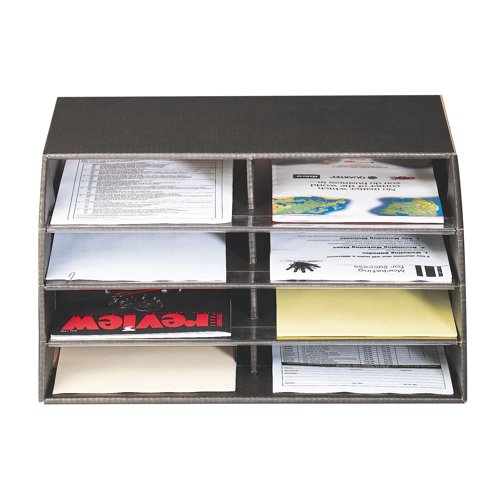 This Q-Connect Mail Sorter is a versatile 8 shelf literature sorter ideal for office, post room and home use. Sorting your mail into 8 different compartments makes it easy to organise by recipient, or purpose. Manufactured from corrugated board with clear Perspex shelf edge strips for added strength, it is designed for longevity and hard wearing use.