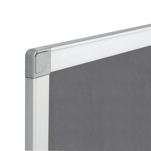 KF01075 | The smooth felt surface of this Q-Connect Noticeboard provides an eye-catching display area for affixing documents. The board comes with a fixing kit for mounting securely to your wall. The anodised aluminium frame features plastic corner caps to conceal the fittings for a flush finish. This grey board measures 1800 x 1200mm.