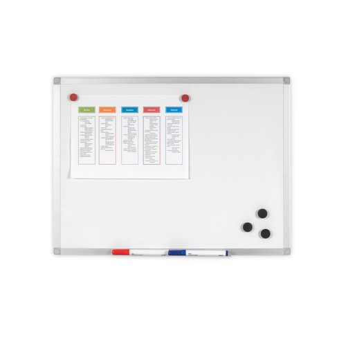 KF01080 | Easily brainstorm or write up meeting notes with this Q-Connect Aluminium Whiteboard, which has a durable coated steel surface that is easy to write on and clean. The surface is magnetic, so you can attach paper with board magnets or store magnetic erasers and pens on the board surface. The anodised aluminium frame provides sleek protection and features a clip-on pen tray for storing spare markers. The included wall fixing kit makes the board easy to install.