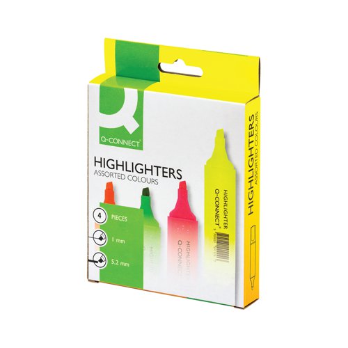 Mark important sections of documents with these vibrant Q-Connect Highlighters. The chisel tip allows for controlled and precise highlighting and underlining, and the ink is bright and fade-resistant for long lasting results. Ideal for revision and general office and home use, this assorted pack contains 4 highlighter pens in fluorescent yellow, pink, orange and green.