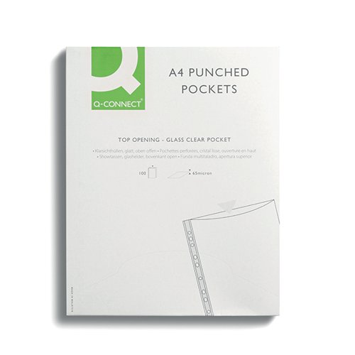 Q-Connect Delux Punched Pocket Top Opening Green Strip A4 Clear (Pack of 100) KF01121 Punched Pockets KF01121