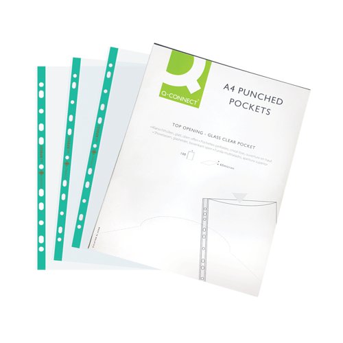 KF01121 | Great for presentations, displays and general filing, these durable and versatile Q-Connect punched pockets are A4 size and multi-punched for use in standard ring binders or lever arch files. The glass clear 65 micron pockets are also top opening for quick and easy access to documents. This pack contains 100 punched pockets.