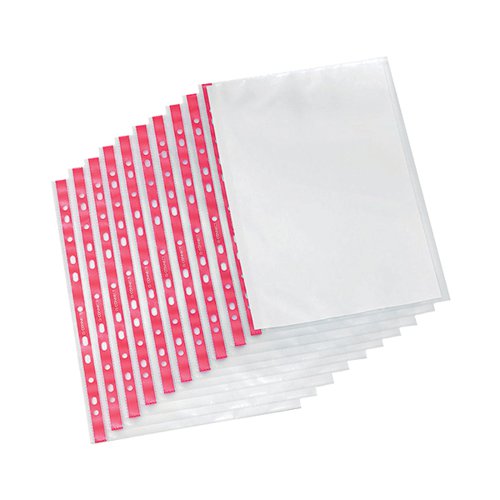 Q-Connect Punched Pocket A4 Deluxe Side-Opening Red Strip Pack of 25 KF01123