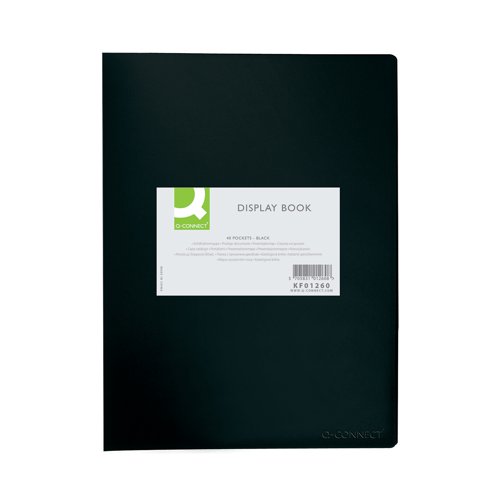 KF01260 | This quality Q-Connect polypropylene display book is perfect for filing, displays and presentations. The 40 clear, copy safe pockets protect and display up to 80 A4 sheets for a professional finish. This pack contains 1 black A4 display book.