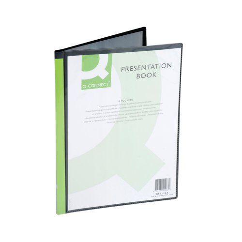 This quality Q-Connect Presentation Book is perfect for filing, displays and presentations. The 10 clear pockets protect and display up to 20 A4 sheets for a professional finish. A clear front pocket and full length spine allows for full personalisation of presentations and projects. This pack contains 1 black A4 presentation book.