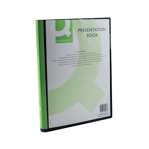 KF01265 | This quality Q-Connect Presentation Book is perfect for filing, displays and presentations. The 20 clear pockets protect and display up to 40 A4 sheets for a professional finish. A clear front pocket and full length spine allows for full personalisation of presentations and projects. This pack contains 1 black A4 presentation book.