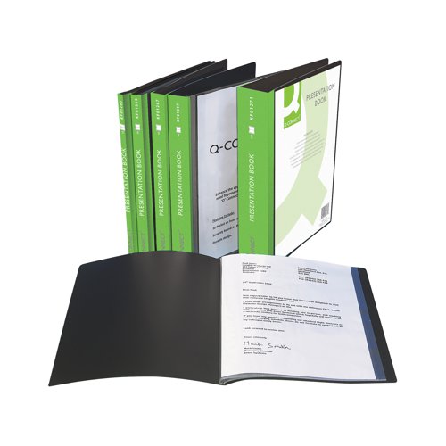 KF01271 | This quality Q-Connect presentation book is perfect for filing, displays and presentations. The 100 clear pockets protect and display up to 200 A4 sheets for a professional finish. A clear front pocket and full length spine allows for full personalisation of presentations and projects. This pack contains 1 black A4 presentation book.