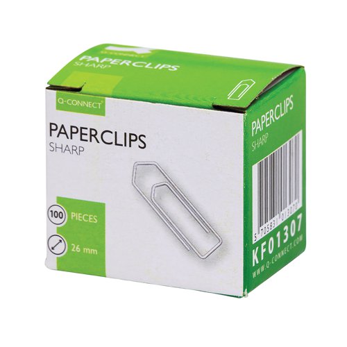 KF01307Q | A simple way to collate papers, these quality 26mm Q-Conect No Tear Paperclips are ideal for general office and home use. The strong, durable wire construction is designed for frequent and long lasting use. This bulk pack contains 10 packs of 100 paperclips in plastic hanging boxes.