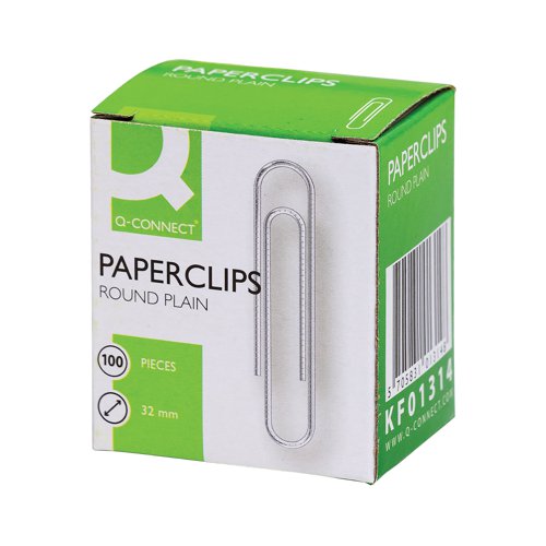 KF01314Q | A simple way to collate papers, these quality 32mm Q-Connect Plain Paperclips are ideal for general office and home use. The strong, durable wire construction is designed for frequent and long lasting use. This bulk pack contains 10 packs of 100 paperclips in plastic hanging boxes.